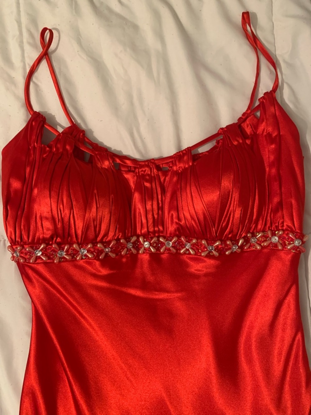 Red Satin Midi Dress with Beaded Waist